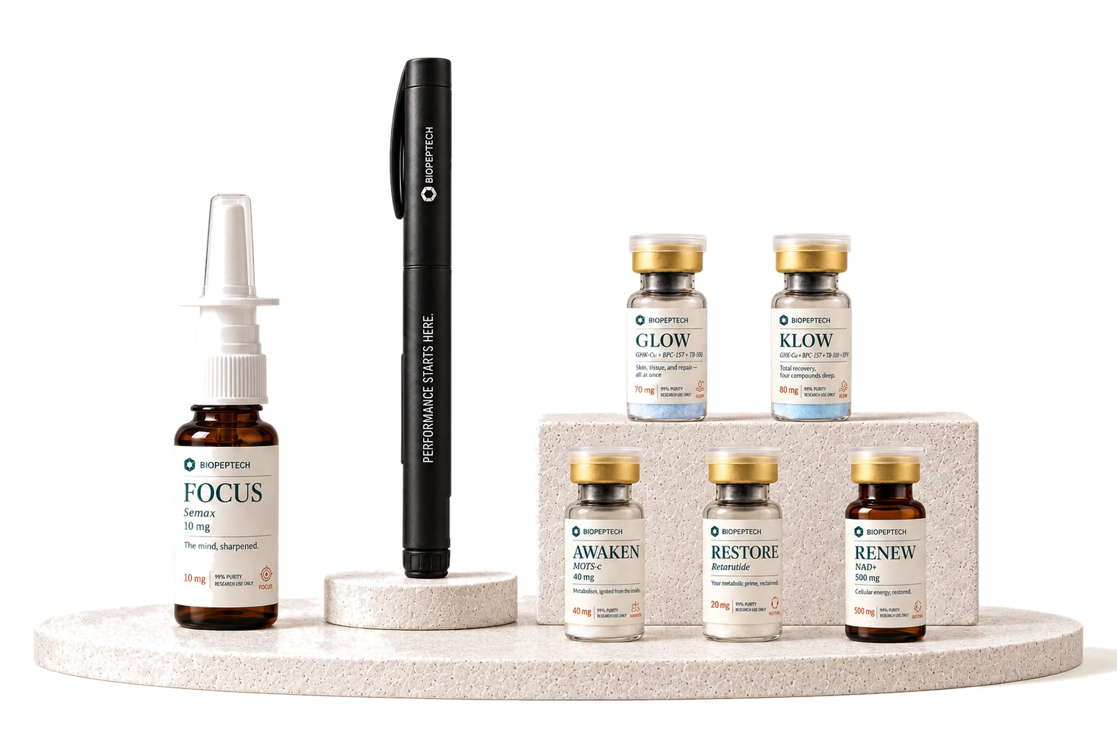 BioPepTech peptide pens, nasal spray, and research vials — full collection
